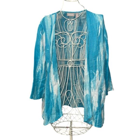 Beautiful CHICO’S Chico’s Blue Linen Tie Dye Size 2 US medium  Cardigan flowy st - Picture 1 of 8